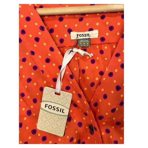 New Fossil Womens Dress XS Orange Polka Dot Silk Blend Michelle Retro Vibrant - Picture 3 of 12